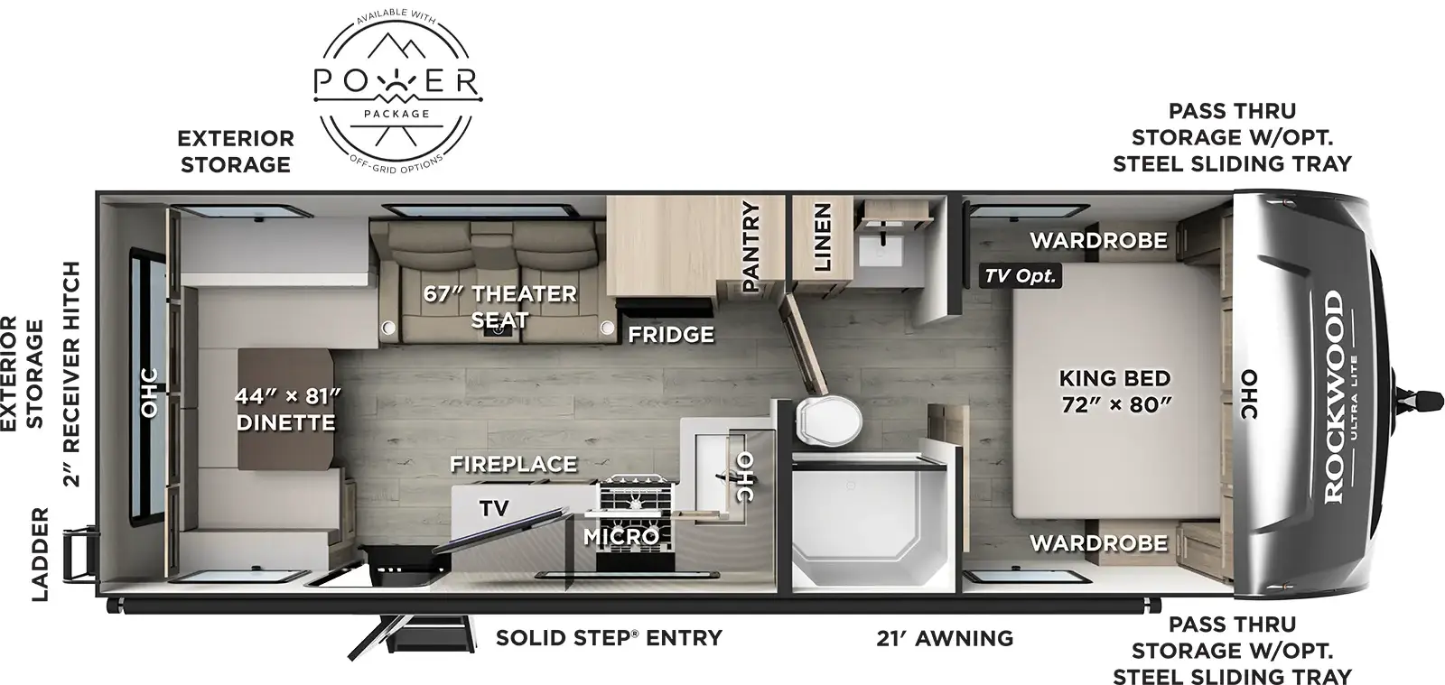 The Rockwood Ultra Lite Travel Trailers 302RDT floorplan has one entry and zero slide outs. Exterior features include: fiberglass exterior and 21' awning. Interiors features include: u-dinette, front bedroom and pass through bathroom.